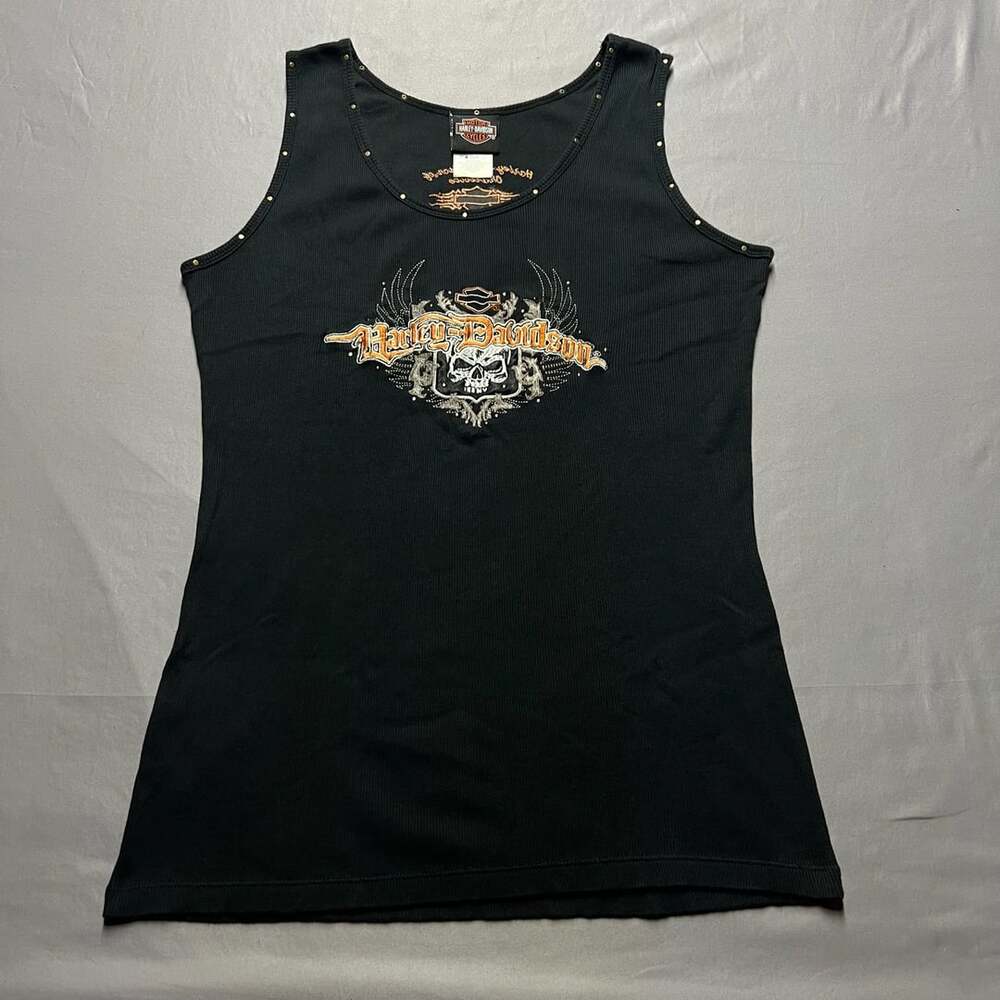 Harley Davidson Tank Top Womens XL Black Studded Skull Charlotte NC Sleeveless